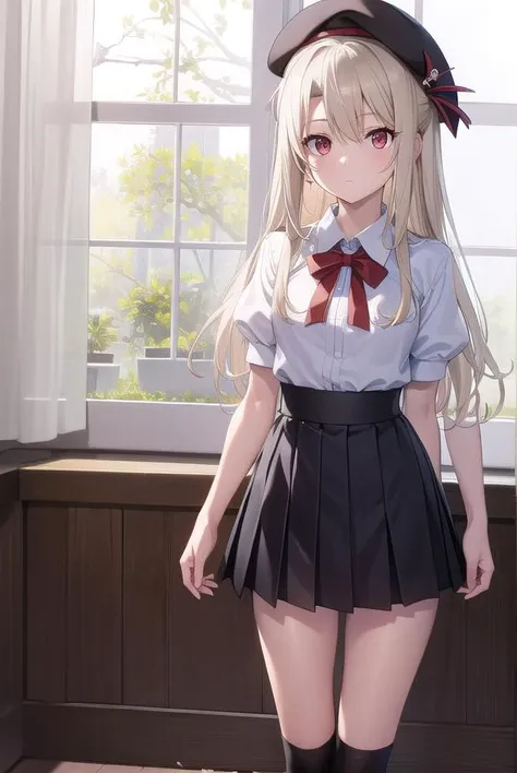 illyasvielvoneinzbern, <lyco:illyasvielvoneinzbern-lyco-nochekaiser:1>,
illyasviel von einzbern, blonde hair, hair between eyes, long hair, (red eyes:1.5),
BREAK beret, black skirt, brown footwear, collared shirt, hat, homurahara academy school uniform, kneehighs, loafers, pleated skirt, puffy short sleeves, puffy sleeves, red ribbon, ribbon, school uniform, shirt, shoes, short sleeves, skirt, socks, white headwear, white shirt, white socks,
BREAK indoors, classroom,
BREAK looking at viewer, (cowboy shot:1.5),
BREAK <lyco:GoodHands-beta2:1>, (masterpiece:1.2), best quality, high resolution, unity 8k wallpaper, (illustration:0.8), (beautiful detailed eyes:1.6), extremely detailed face, perfect lighting, extremely detailed CG, (perfect hands, perfect anatomy),