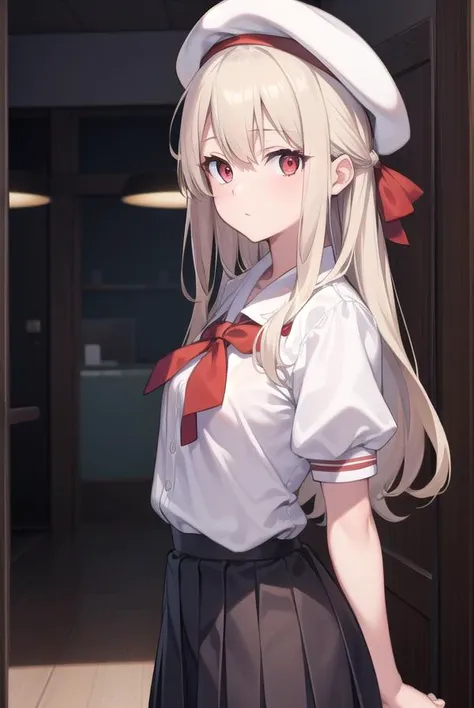 illyasvielvoneinzbern, <lyco:illyasvielvoneinzbern-lyco-nochekaiser:1>,
illyasviel von einzbern, blonde hair, hair between eyes, long hair, (red eyes:1.5),
BREAK beret, black skirt, brown footwear, collared shirt, hat, homurahara academy school uniform, kneehighs, loafers, pleated skirt, puffy short sleeves, puffy sleeves, red ribbon, ribbon, school uniform, shirt, shoes, short sleeves, skirt, socks, white headwear, white shirt, white socks,
BREAK indoors, classroom,
BREAK looking at viewer, (cowboy shot:1.5),
BREAK <lyco:GoodHands-beta2:1>, (masterpiece:1.2), best quality, high resolution, unity 8k wallpaper, (illustration:0.8), (beautiful detailed eyes:1.6), extremely detailed face, perfect lighting, extremely detailed CG, (perfect hands, perfect anatomy),