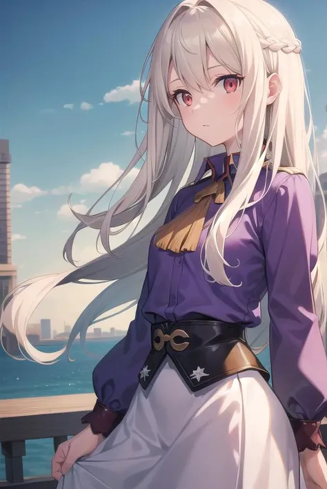 illyasvielvoneinzbern, <lyco:illyasvielvoneinzbern-lyco-nochekaiser:1>,
illyasviel von einzbern, blonde hair, hair between eyes, long hair, (red eyes:1.5),
BREAK ankle boots, boots, frilled skirt, frills, purple footwear, purple shirt, skirt, white skirt,
BREAK outdoors, city, sky, cloud, sun,
BREAK looking at viewer, (cowboy shot:1.5),
BREAK <lyco:GoodHands-beta2:1>, (masterpiece:1.2), best quality, high resolution, unity 8k wallpaper, (illustration:0.8), (beautiful detailed eyes:1.6), extremely detailed face, perfect lighting, extremely detailed CG, (perfect hands, perfect anatomy),