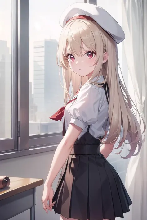 illyasvielvoneinzbern, <lyco:illyasvielvoneinzbern-lyco-nochekaiser:1>,
illyasviel von einzbern, blonde hair, hair between eyes, long hair, (red eyes:1.5),
BREAK beret, black skirt, brown footwear, collared shirt, hat, homurahara academy school uniform, kneehighs, loafers, pleated skirt, puffy short sleeves, puffy sleeves, red ribbon, ribbon, school uniform, shirt, shoes, short sleeves, skirt, socks, white headwear, white shirt, white socks,
BREAK indoors, classroom,
BREAK looking at viewer, (cowboy shot:1.5),
BREAK <lyco:GoodHands-beta2:1>, (masterpiece:1.2), best quality, high resolution, unity 8k wallpaper, (illustration:0.8), (beautiful detailed eyes:1.6), extremely detailed face, perfect lighting, extremely detailed CG, (perfect hands, perfect anatomy),