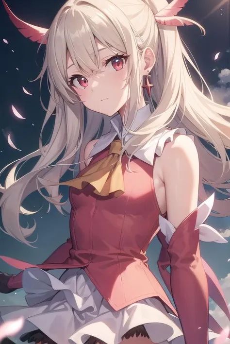 shoujo-style, romance manhwa, 1girl, solo, illyasviel von einzbern, blonde hair, hair between eyes, long hair, (red eyes), two side up, hair ornament, small breasts, magical girl, cape, yellow ascot, pink dress, sleeveless, detached sleeves, white gloves, white skirt, pink thighhighs, oil, (oily skin), shiny glossy skin, open mouth, surprised, (flat chest), perfect female body, narrow waist, looking at viewer, standing, salute, wide spread legs, Corruption, empty eyes, no pupils, combatant, dark magical girl,