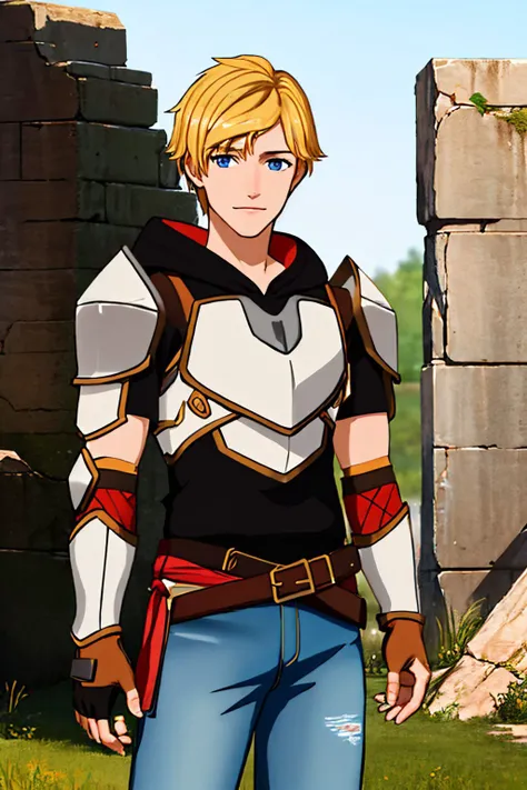 (masterpiece, best quality:1.2), <lyco:rwby_jaunearc-11:1.0>, cowboy shot, solo, male focus, 1boy, rwbyjaune, slight smile, looking at viewer, hoodie, armor, jeans, fingerless gloves, belt