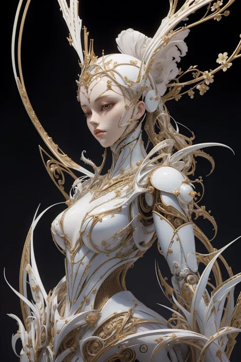 (masterpiece, top quality, best quality, official art, beautiful and aesthetic),full body,1girl,solo,3d fe sculpture by alessandro meglio,in the style of iris van herpen,dark white and light white,robotic motifs,hans zatzka,meticulous portraiture,black background,<lora:bones carving:0.8>,