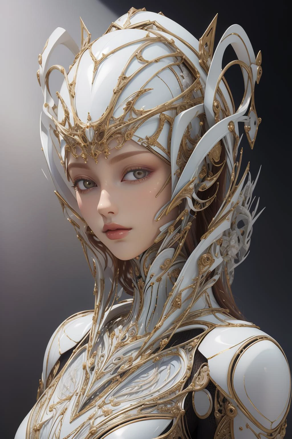 (masterpiece, top quality, best quality, official art, beautiful and aesthetic),full body,1girl,solo,3d fe sculpture by alessandro meglio,in the style of iris van herpen,dark white and light white,robotic motifs,hans zatzka,meticulous portraiture,black background,<lora:bones carving:0.8>,