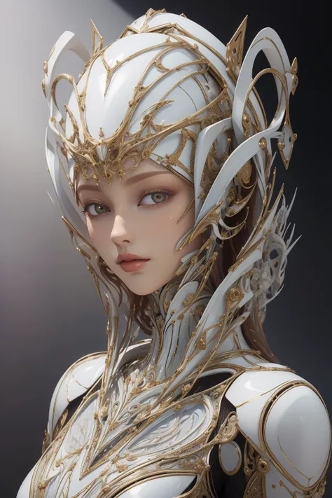 (masterpiece, top quality, best quality, official art, beautiful and aesthetic),full body,1girl,solo,3d fe sculpture by alessandro meglio,in the style of iris van herpen,dark white and light white,robotic motifs,hans zatzka,meticulous portraiture,black background,<lora:bones carving:0.8>,