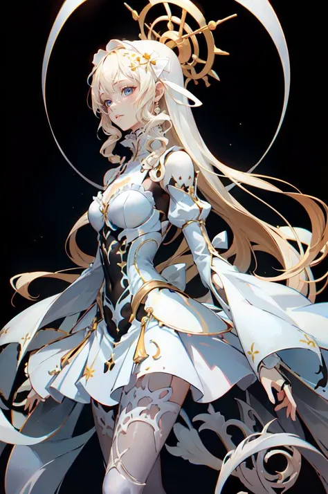 <lora:bones carving:0.7> bones carving skin, bones, pale skin, bone hair ornament, monster girl, skeleton,, ultra detailed, masterpiece, best quality,, solo, soft smile, light smile,
1girl, blue eyes, very long hair, blonde hair, long blonde hair, french braid, bangs, medium breasts,, hair ribbon, frilled choker, criss-cross halter, sleeveless dress, high-waist skirt, backless dress, waist bow, detached sleeves, frilled sleeves, wide sleeves, pantyhose, patterned legwear, mary janes,