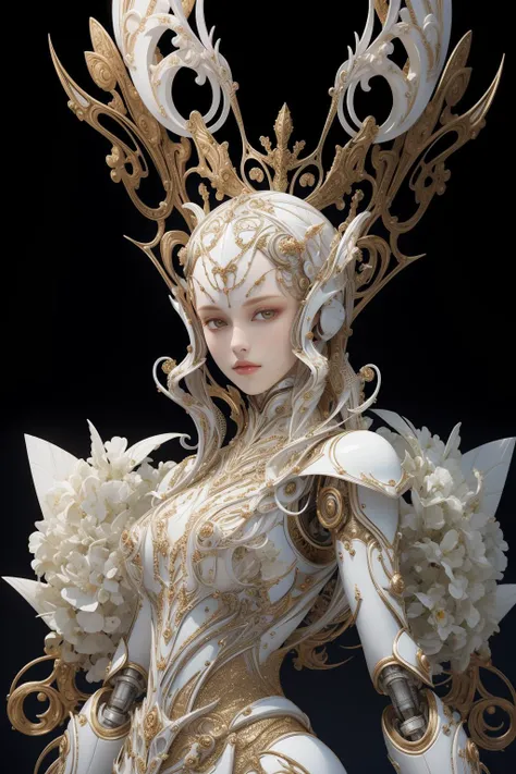(masterpiece, top quality, best quality, official art, beautiful and aesthetic),full body,1girl,solo,looks at viewer,3d fe sculpture by alessandro meglio,in the style of iris van herpen,dark white and light white,robotic motifs,hans zatzka,meticulous portraiture,black background,<lora:bones carving:0.8>,