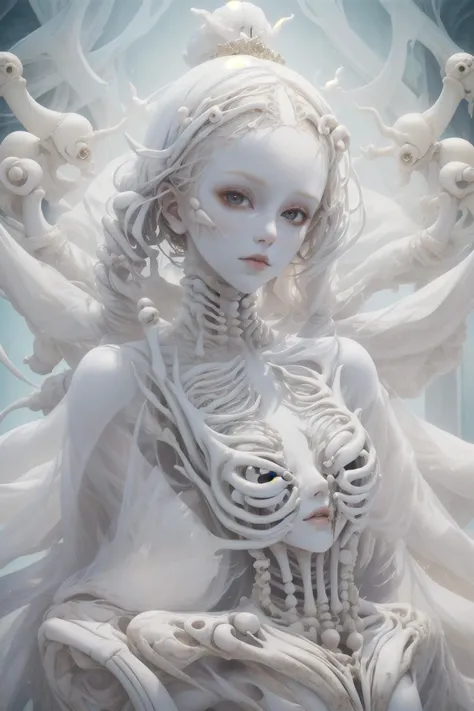(masterpiece, top quality, best quality, official art, beautiful and aesthetic),1girl,solo,full body,look at viewer,white eyes,bones carving skin,dark white and light white,hollow body,meticulous portraiture,<lora:bones carving:0.7>,<lora:epi_noiseoffset2:1>,<lora:yuantu:0.3>,