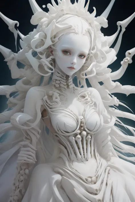 (masterpiece, top quality, best quality, official art, beautiful and aesthetic),1girl,solo,full body,look at viewer,white eyes,bones carving skin,dark white and light white,hollow body,meticulous portraiture,<lora:bones carving:0.7>,<lora:epi_noiseoffset2:1>,