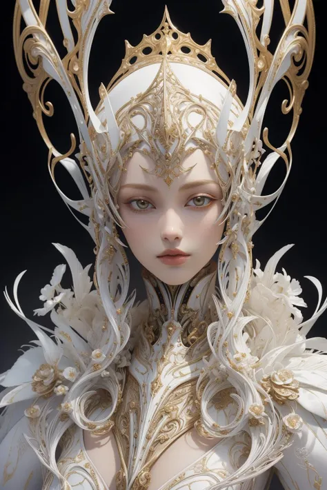 (masterpiece, top quality, best quality, official art, beautiful and aesthetic),full body,1girl,solo,looks at viewer,3d fe sculpture by alessandro meglio,in the style of iris van herpen,dark white and light white,robotic motifs,hans zatzka,meticulous portraiture,black background,<lora:bones carving:0.8>,