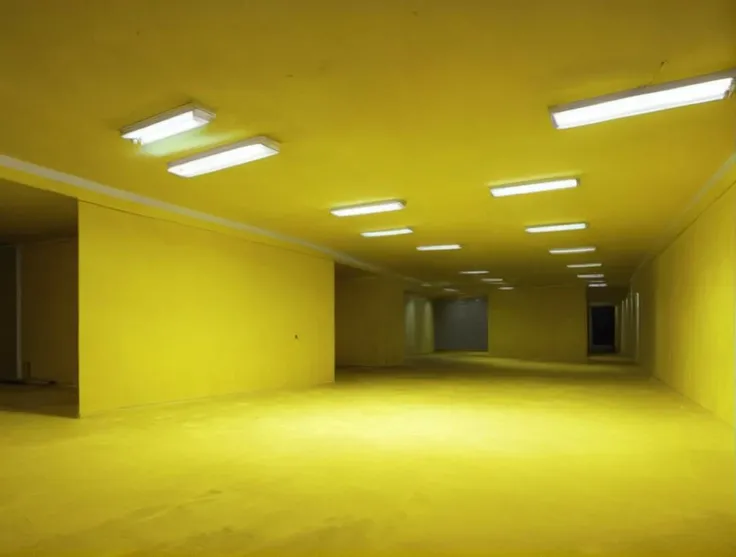 realistic, dark, (art by Mathias Goeritz:1.5), real, atmospheric scene, analog film photo, grim, yellow palette, found footage, <lora:LiminalSpace:1>, LiminalSpace of Empty room with yellow walls and yellow carpets, yellow walls and wallpaper with pale yellow carpet on floor and flat square fluorescent lamps on the ceiling,