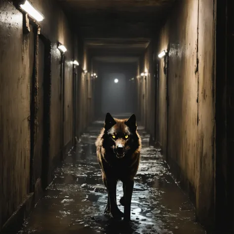 cinematic, dark, grim, concrete long ((hallway)) with industrial light, wall sconce, dirty brown rusted toilet, grate, iron, decrepit, abandoned, rust, leaking, drops,  pipes, steam, puddle, ray tracing, underexposed. high contrast, cool light, silhouette of giant black (wolf) bearing fangs in the back, running, stalking, growling, yellow eyes glowing <lora:LiminalSpace:1>