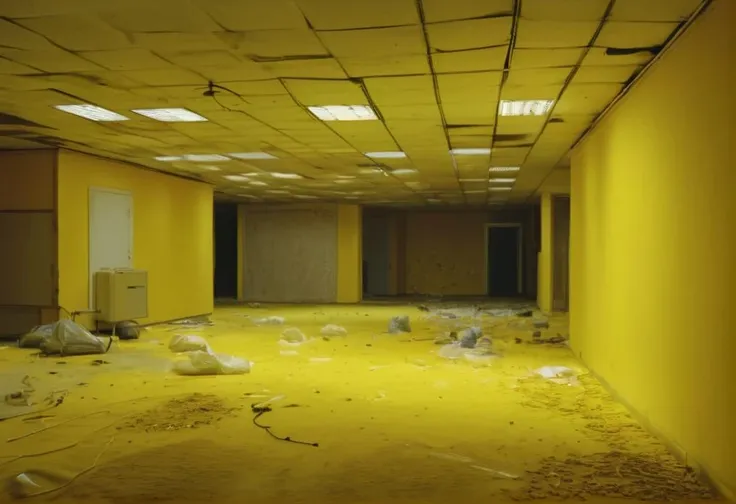 realistic, dark, (art by Mathias Goeritz:1.5), real, atmospheric scene, analog film photo, grim, yellow palette, found footage, <lora:LiminalSpace:1>, LiminalSpace of Empty room with yellow walls and yellow carpets, yellow walls and wallpaper with pale yellow carpet on floor and flat square fluorescent lamps on the ceiling,