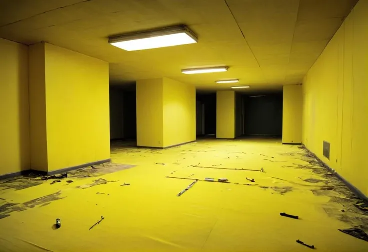realistic, dark, (art by Mathias Goeritz:1.5), real, atmospheric scene, analog film photo, grim, yellow palette, found footage, <lora:LiminalSpace:1>, LiminalSpace of Empty room with yellow walls and yellow carpets, yellow walls and wallpaper with pale yellow carpet on floor and flat square fluorescent lamps on the ceiling,