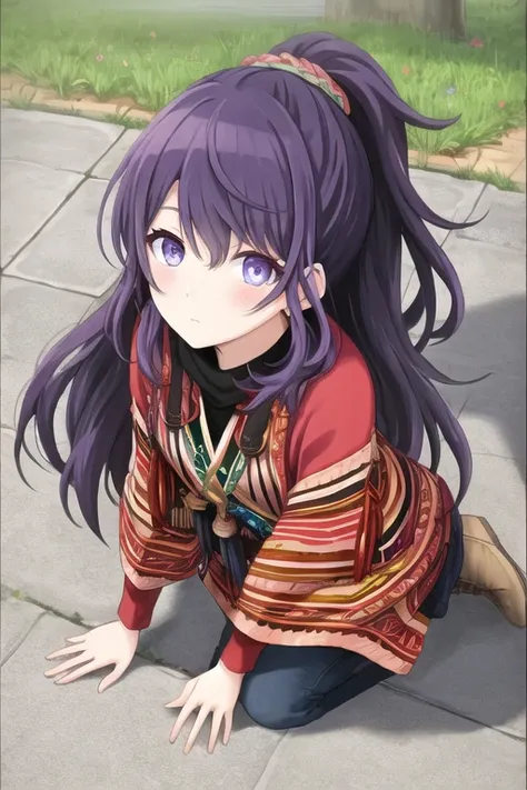 <lora:projectSekaiAsahina_mafuyuLoha:0.7>,  looking at viewer, outdoors, native american, full body, blue eyes, purple eyes, multicolored eyes, gradient eyes, blush