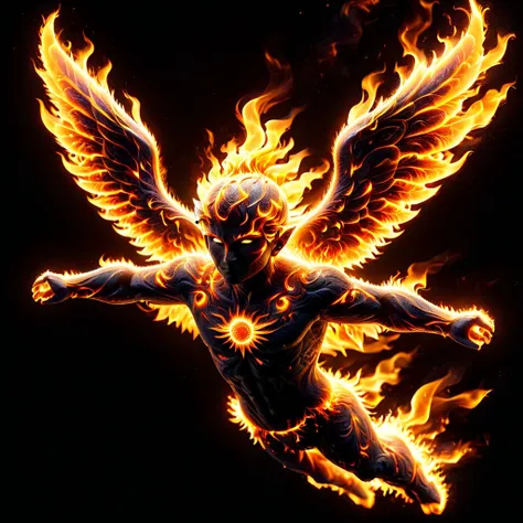 photo shot of a ral-sun flying godhead,ral-sun wings,dark background with fire, bokeh,sharp detailed, hyperrealistic,amazing,