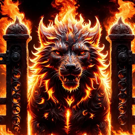 photo shot of a creepy and dangerous ral-sun hellhound, guards an old gate,fire, hell in background,sharp detailed, hyperrealistic,amazing,