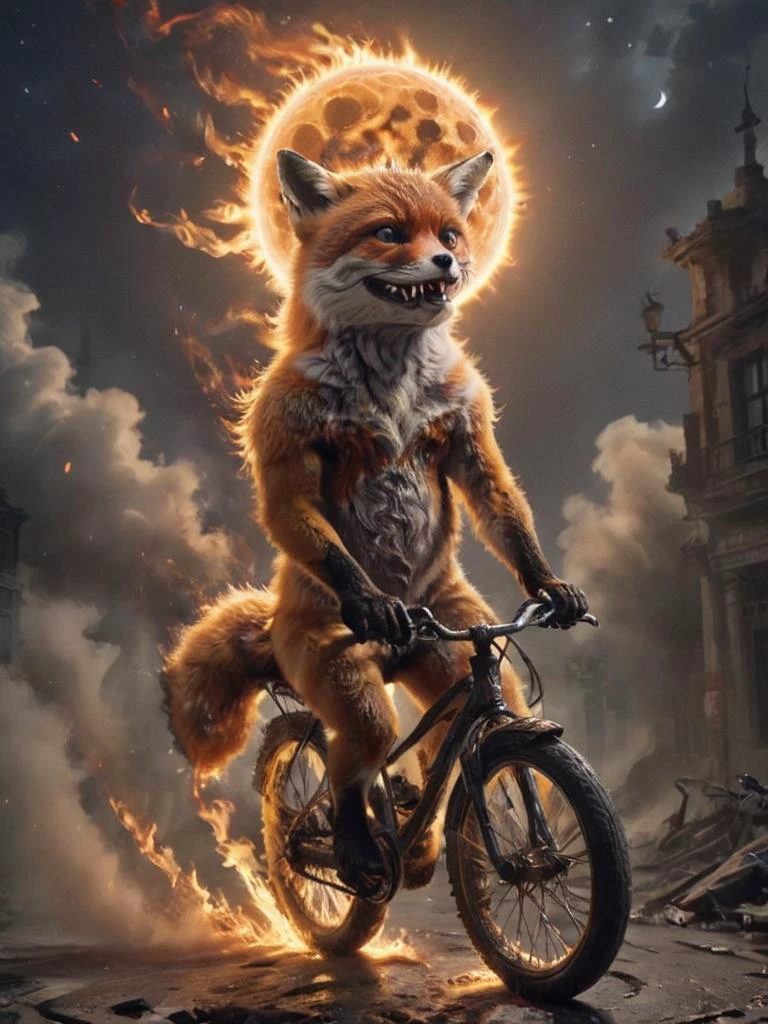 depiction of a confused and disinterested laughing his head in the clouds burning (fox:0.8) on a bike in flames derping right trough a (ral-sun:1.2) on a moon-lit night, oblivious, full sad (derp:1.1) mode, professional composition, low-key, dark, global illumination, <lora:ral-sun:1> <lora:- SDXL - stnerfx _Stoned_Fox_Style_V4.0:0.7>