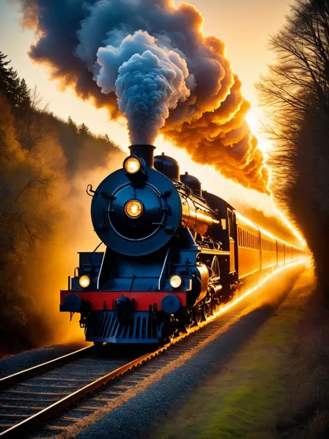 <lora:ral-sun-sdxl:1> An old-fashioned steam train racing along the tracks, the locomotive and carriages wrapped ral-sun, creating an image of a spectral, unstoppable force, <lora:EnvyBetterHiresFixXL01:0:hr=1>