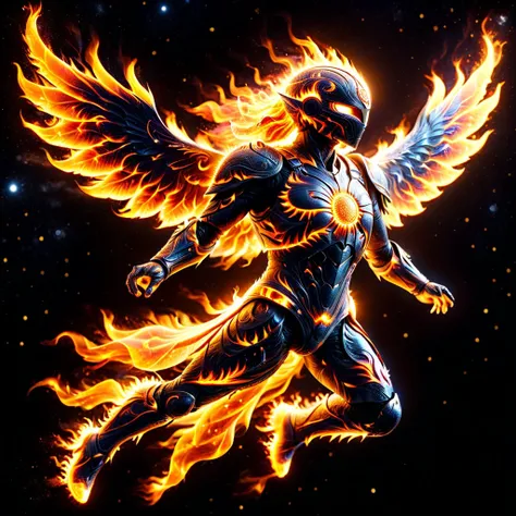 photo shot of a ral-sun flying godhead,ral-sun wings,ral sun armor,dark galaxy background with fire,epic,heroic,bokeh,sharp detailed, hyperrealistic,amazing,