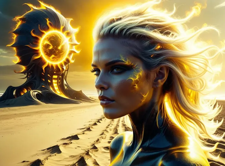 POV shot of a Futuristic (monster woman:1.2) ,ruined beach in background, Solar prominence in background, dust, in focus, cinematic lighting, digital distortions, electric yellow sky, art by H. R. Giger, <lora:ral-sun:1> ral-sun