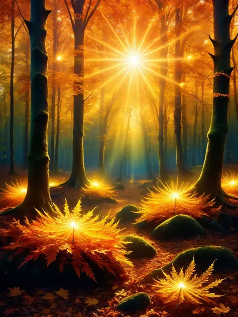 <lora:ral-sun-sdxl:1> Mystical forest trees with ral-sun leaves, transforming the forest into a dazzling display of light and color, <lora:EnvyBetterHiresFixXL01:0:hr=1>