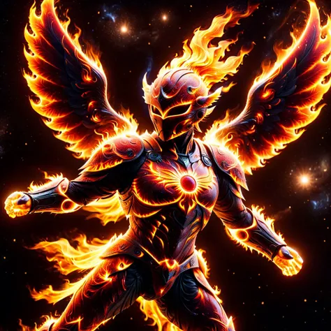 photo shot of a ral-sun flying godhead,ral-sun wings,ral sun red armor,dark galaxy background with fire,epic,heroic,bokeh,sharp detailed, hyperrealistic,amazing,