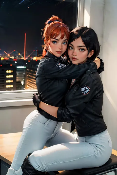 2 women hugging, wearing a black jacket, black gloves, white pants,knee high boots, looking at viewer, inside a small office, desk, window, cityscape, night time, neon lighting, extreme detail, masterpiece,  
 <lora:PD_Female_Guard_Uniform_V1.0:.7>