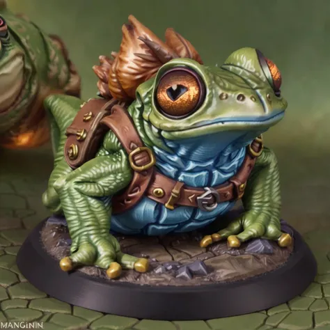 pmini style, a painted miniature of a cute grumpy frog ((skinny)), (darkshot),wearing a backpack,  green skin, big buckle belt, close-up shot, detailed face, fantasy game, character design, Intricate, High Detail, (magic effects and embers as background) Sharp focus, dramatic, photorealistic art  (volcanic base) <lora:paintedMiniature_v35:0.8>