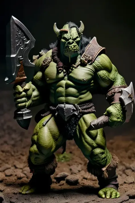 a painted miniature of a male orc, dark green skin wearing bone armour, axe in one hand, in a lost ruin, pmini style, character design, studio lighting, from_above, (extremely detailed 8k wallpaper), Intricate, High Detail figurine, Sharp focus, dramatic, photorealistic art ,<lora:paintedMiniature_v30:1>