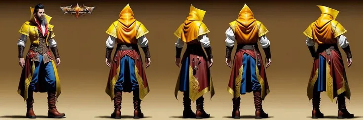 (rotating_views:1.4) of beautiful_male_young_adult_arabian_sorcerer in flowing_yellow_cloak and red_leather_boots and red_leather_vest, hyper realism, charturnerv2, on a base, pmini style