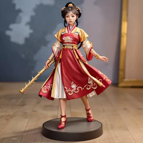 (4k, best quality), (realistic, photo-realistic), mini style, a painted miniature of a girl wearing tangstyle,on a pedestal,perfect hand,cute, dating, (nose blush), (closed mouth) ,large breasts, beautiful detailed eyes, close-up shot, detailed face, (tangstyle,hanfu,full body:1.2), character design, Intricate, High Detail, Sharp focus, dramatic, photorealistic art,dynamic pose,(full body) <lora:hanfu_v28:0.6>,<lora:paintedMiniature_v35:0.6> ,<lora:chineseCosplayerXiaorouseeu_v10:0.4>,(long legs)