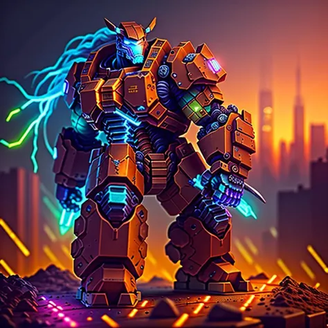pmini style, painted miniature of a rusty mech made of rocks holding an ax on the left hand, character design, studio lighting, Intricate, High Detail figurine, Sharp focus, dramatic, photo-realistic art, city in the background <lora:paintedMiniature_v30:1> AND neon lights