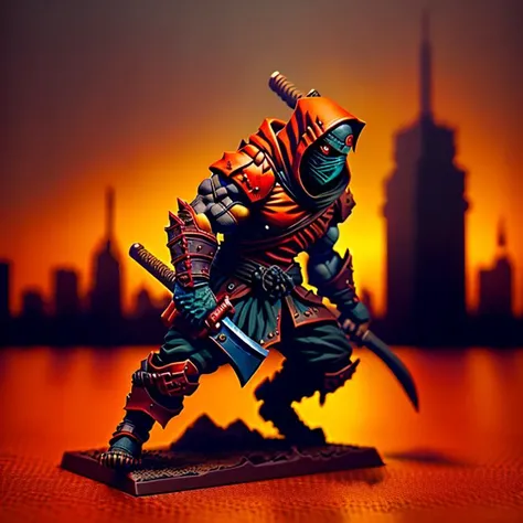 pmini style, painted miniature of a rusty black ninja , blood, holding an ax on the left hand, character design, studio lighting, Intricate, High Detail figurine, Sharp focus, dramatic, photo-realistic art, city in the background <lora:paintedMiniature_v30:1>