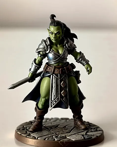 pmini style, a painted miniature of a female orc knight in a lost ruin, solo, fantasy game, character design, Intricate, High Detail, Sharp focus, dramatic, photorealistic art