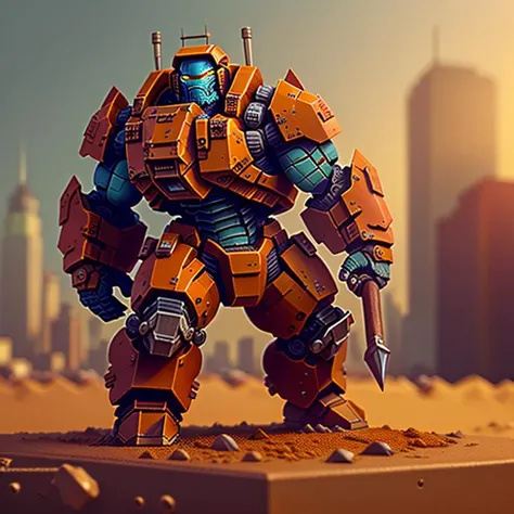 pmini style, painted miniature of a rusty mech holding an ax on the left hand, character design, studio lighting, Intricate, High Detail figurine, Sharp focus, dramatic, photo-realistic art, city in the background <lora:paintedMiniature_v30:1>