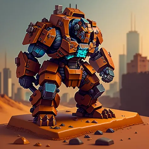 pmini style, painted miniature of a rusty mech made of rocks holding an ax on the left hand, character design, studio lighting, Intricate, High Detail figurine, Sharp focus, dramatic, photo-realistic art, city in the background <lora:paintedMiniature_v30:1>