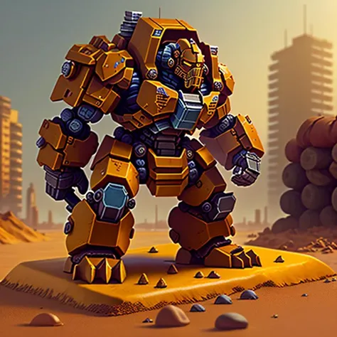 pmini style, painted miniature of a rusty golden mech made of pebbles and tires, holding an ax on the left hand, character design, studio lighting, Intricate, High Detail figurine, Sharp focus, dramatic, photo-realistic art, city in the background <lora:paintedMiniature_v30:1>