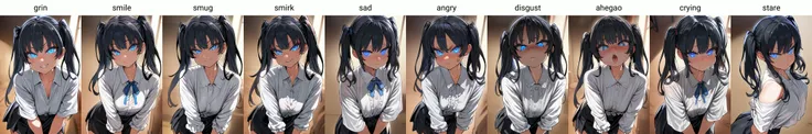 masterpiece, best quality, 1girl, solo,blue eyes,twintails, black hair, white blouse ,best quality, black skirt, grin,looking at viewer, from front <lora:Asanagi-Style-AnimagineXL31:1>