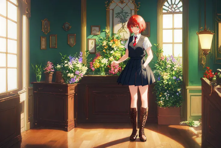 1girl, (masterpiece,best quality:1.6), scenery,(indoors,glassware),flower,butterfly, black_skirt, boots, cross-laced_footwear, full_body, green_eyes, lace-up_boots, necktie, pleated_skirt, red_hair, school_uniform, shirt, short_hair, short_sleeves, sweater_vest, white_shirt, short red hair, full body, grey skirt, standing, <lora:VioletEvergarden-000006:0.7>, dark, latern, glowing, light, lamp light,