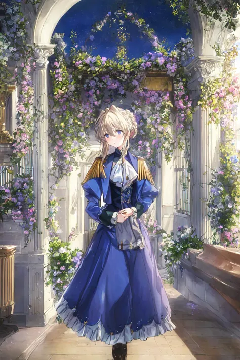 1girl, (masterpiece,best quality:1.6), scenery,bangs, blonde_hair, blue_eyes, blue_jacket, blue_sky, braid, brooch, curtains, hair_between_eyes, hair_ribbon, horizon, indoors, jacket, jewelry, long_hair, looking_at_viewer, red_ribbon, ribbon, sky, solo, violet_evergarden, white_neckwear, <lora:VioletEvergarden-000006:0.7>, open sky, ultra detailed, wide sky, cityscape, western architecture,