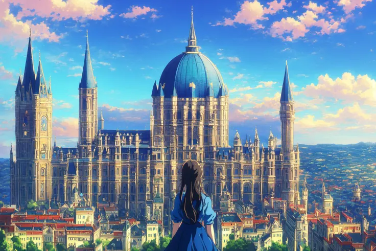 1girl, architecture, blue sky, building, castle, city, cityscape, cloud, cloudy sky, day, western architecture, long hair, outdoors, ruins, scenery, sky, skyscraper, solo, standing, tower, tree, lamp, <lora:VioletEvergarden:1>, utra detailed,