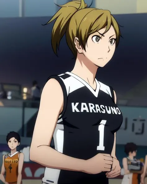 k4rasuno, sleeveless, text on shirt that reads "karasuno", 1girl, <lora:karasuno-09v2:1>