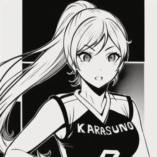 <lora:style - lineart:1>, monochrome, lineart, <lyco:karasuno-08:1.0>, k4rasuno, sleeveless, text on shirt that reads "karasuno", 1girl