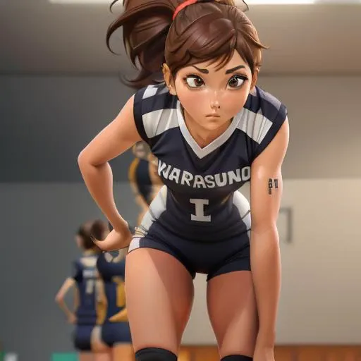 <lyco:karasuno-08:0.9>, k4rasuno, sleeveless, text on shirt that reads "karasuno", 1girl, <lora:style - 3d:1>, 3DMM, 3d, realistic, high quality, trending on artstation, full body, brown hair, (hands on knees), ponytail, serious, standing, side view, volleyball court