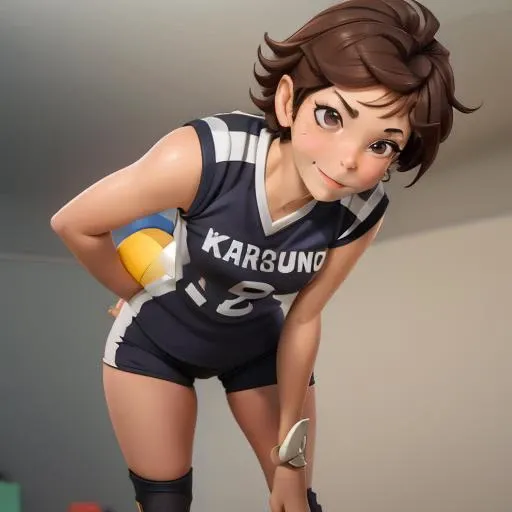 <lyco:karasuno-08:0.9>, k4rasuno, sleeveless, text on shirt that reads "karasuno", 1girl,  <lora:style - 3d:1>, 3DMM, 3d, realistic, high quality, trending on artstation, full body, volleyball, brown hair, smiling, from back, looking back