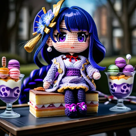 amigurumi-style, amigurumi,(masterpiece,best quality),macaron, 1girl, food, wagashi, solo, raiden shogun, purple skirt, dango, sweater, purple eyes, braided ponytail, mole under eye, purple hair, skirt, pantyhose, ice cream, turtleneck, hair ornament, sitting, sanshoku dango, tomoe \(symbol\), breasts, jewelry, long hair, parfait, braid, looking at viewer, mitsudomoe \(shape\), sweets, holding, necklace, bangs, mole, ice cream cone, purple nails, earrings, purple jacket, long sleeves, open clothes, bag, turtleneck sweater, open jacket, off shoulder, black pantyhose, nail polish, jacket, outdoors, hair flower, day, cake, flower, large breasts, very long hair, alternate costume, ribbed sweater, table, dessert, chair, purple flower, sleeves past wrists, parted lips, open mouth, holding food, purple sweater, knees together feet apart, tree