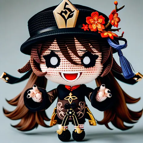 amigurumi-style, amigurumi,masterpiece, best quality, full shot, chibi, grimaces, emoji, frightening, 1girl, solo, long hair, looking at viewer, smile, open mouth, bangs, simple background, brown hair, long sleeves, hat, hair between eyes, twintails, flower, :d, chibi, nail polish, black eyes, black headwear, chinese clothes, black nails, hat ornament, emphasis lines, hat flower, claw pose, hu tao \(genshin impact\),