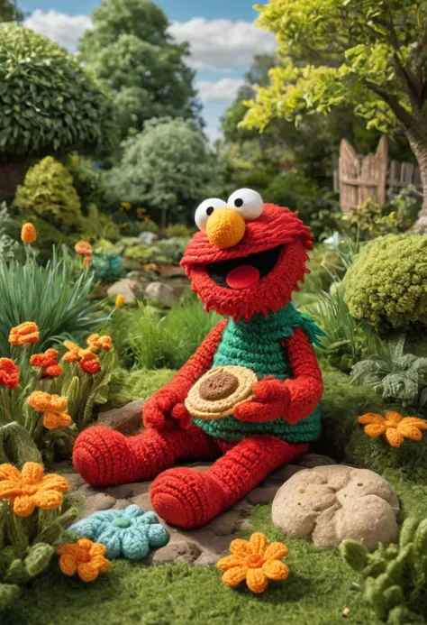 Create an amigurumi version of Elmo from Sesame Street, sitting in a picturesque garden. Elmo’s fur should be crocheted in his signature bright red, with his wide eyes and orange nose capturing his joyful expression. In his hands, he’s holding a crocheted cookie, complete with textured chocolate chips. Surround Elmo with elements of a beautiful environment: a green meadow filled with colorful flowers, a clear blue sky above, and a few fluffy clouds. Add details like a small pond with crocheted lily pads, bees hovering over the flowers, and a picnic blanket laid out with more treats. This scene should evoke the happiness of a sunny day spent outside, with Elmo enjoying one of his favorite snacks