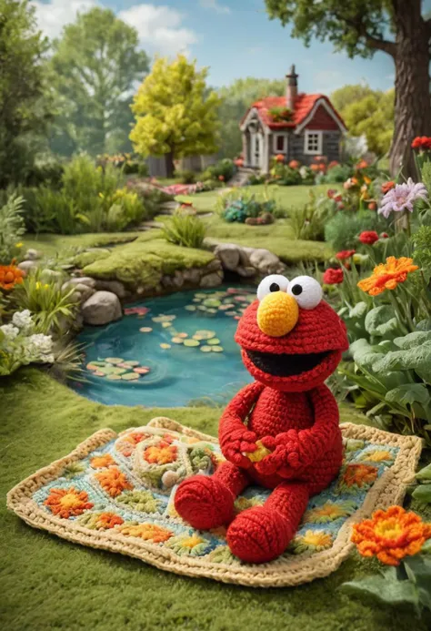 Create an amigurumi version of Elmo from Sesame Street, sitting in a picturesque garden. Elmo’s fur should be crocheted in his signature bright red, with his wide eyes and orange nose capturing his joyful expression. In his hands, he’s holding a crocheted cookie, complete with textured chocolate chips. Surround Elmo with elements of a beautiful environment: a green meadow filled with colorful flowers, a clear blue sky above, and a few fluffy clouds. Add details like a small pond with crocheted lily pads, bees hovering over the flowers, and a picnic blanket laid out with more treats. This scene should evoke the happiness of a sunny day spent outside, with Elmo enjoying one of his favorite snacks